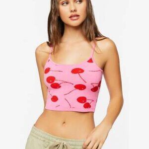 Cherry Print Sweater-Knit Cropped Cami